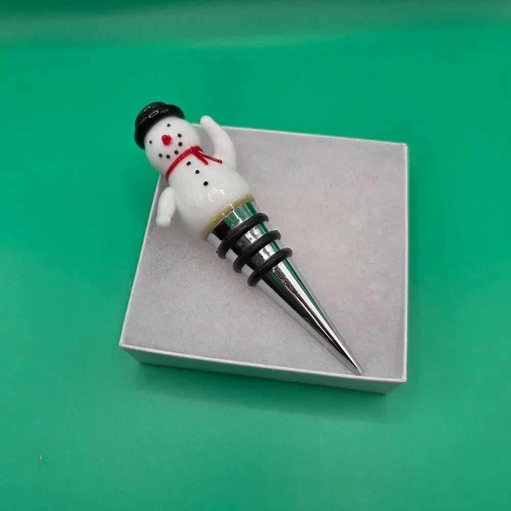 Hallmark Glass Snowman Wine Bottle Stopper Stainless Base Rubber Seal Rings